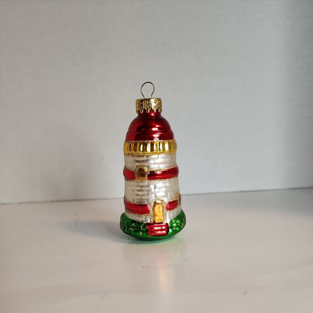 Vtg Glass Blown LightHouse Red, White, Green Christmas Ornament-Beach House